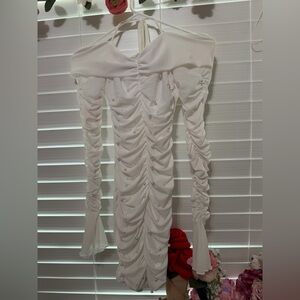 SHEIN Elegant White Ruched Long Sleeve Dress